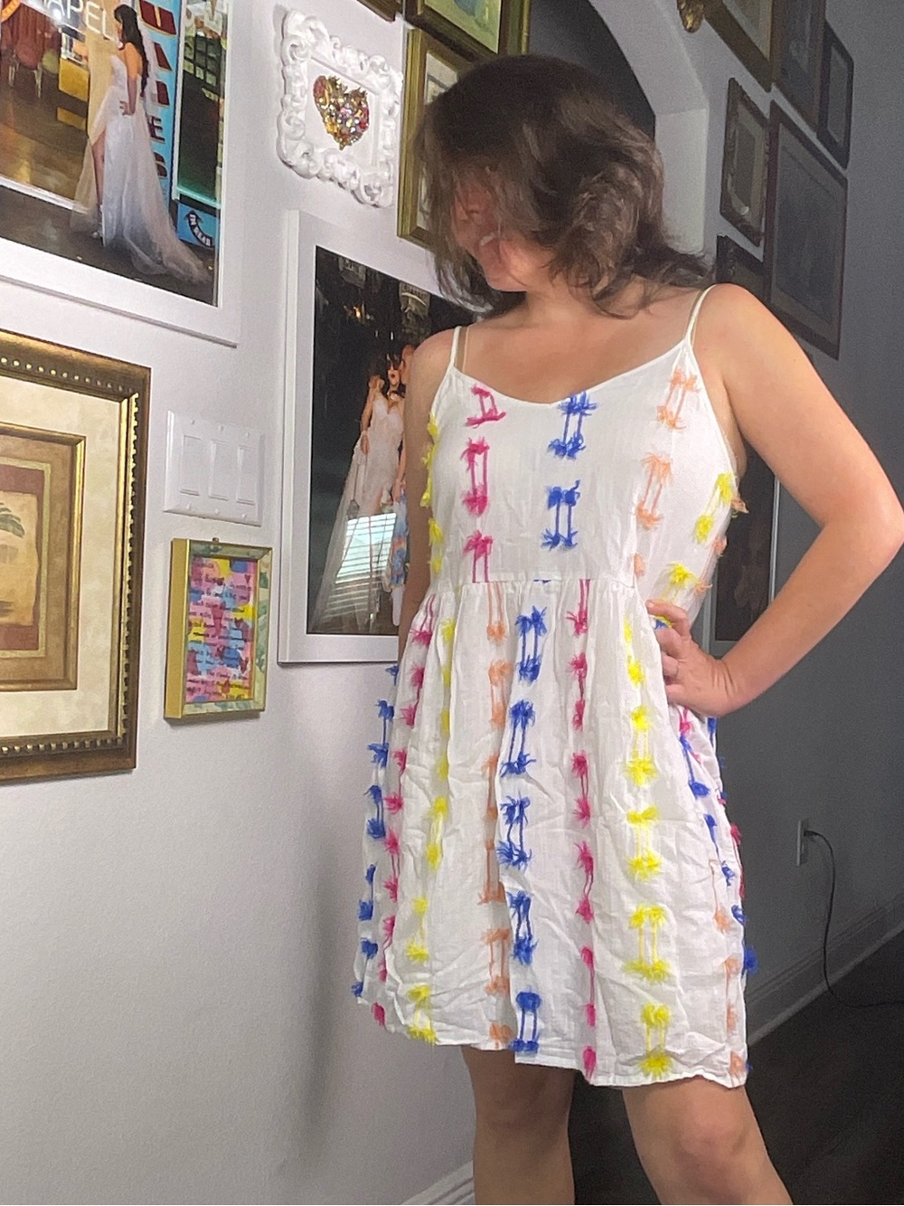 Coastal dopamine 3d fringe yarn multicolor babydoll dress cotton‎ blend small